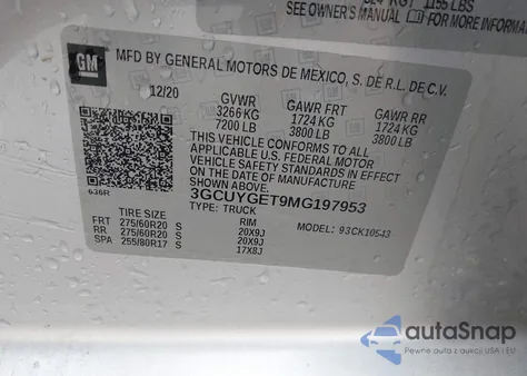 2021 Chevrolet Silverado 1500 4Wd Short Bed Ltz z USA, uszkodzony, nr VIN 3GCUYGET9MG197953